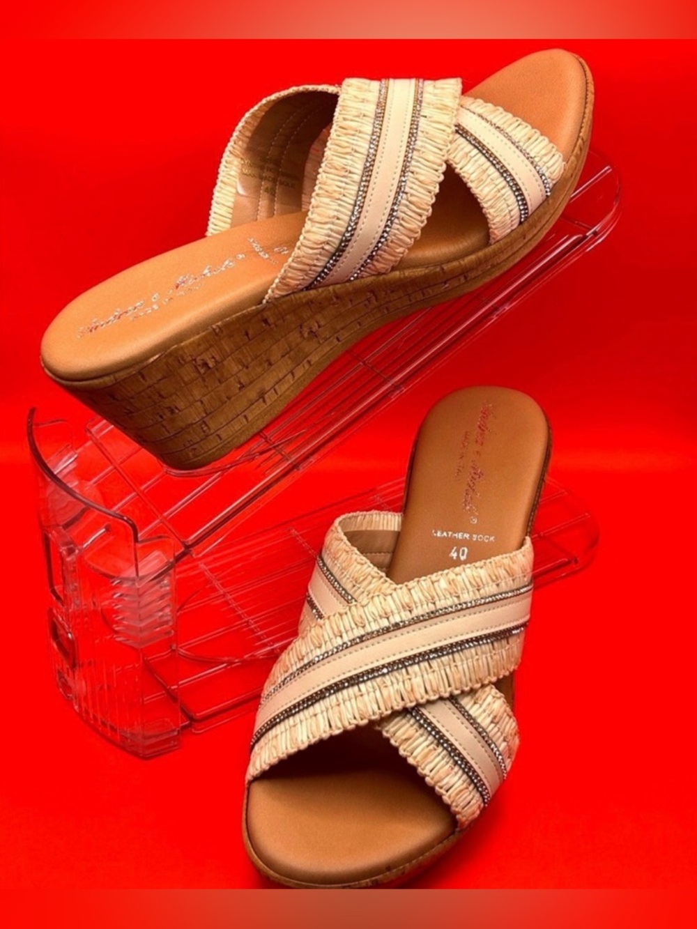 Andrea e Michele Raffia Rhinestone Cork Wedge Sandals Made in Italy Tan Size 7